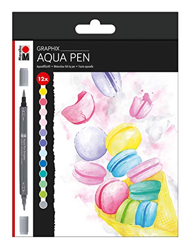 Marabu 0145000000105 - Aqua Pen Graphix, Ice Ice Baby, Aquarellfilzstifte im Set mit 12 Farben, brillante Farbtöne, wasserbasierte Tusche, mit Doppelspitze, aquarellierbar auf Aquarellpapier von Marabu