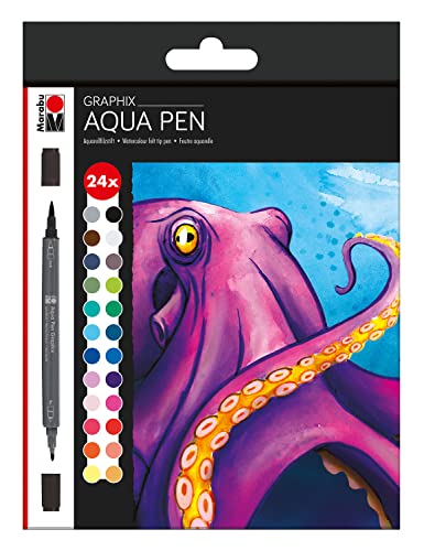Marabu 0145000000106 - Aqua Pen Graphix, Octopy, 24 Aquarell-Filzstifte im Set mit brillanter Farbe, wasserbasierte Tusche, Doppelspitze, aquarellierbar auf Aquarell-Papier von Marabu