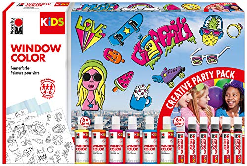 Marabu 0306000000101 - KiDS Window Color Party Set mit 6x 80 ml und 6x 25 ml Farbe, 10 Malfolien und 4 Malvorlagen, Fenstermalfarbe auf Wasserbasis, für glatte Oberflächen, Partyspaß für Kinder von Marabu