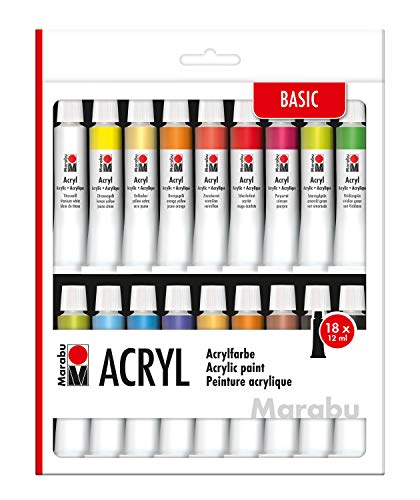 Marabu 1210000000202 - Acrylfarbenset mit 18 Farben á 12 ml, deckende, matt glänzende Acrylfarben auf Wasserbasis, für Keilrahmen, Malkarton, Papier und Holz geeignet, schnell trocknend von Marabu