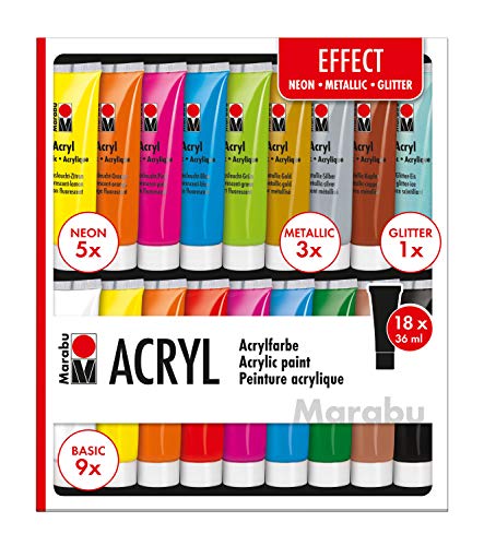Marabu 1210000000209 - Acrylfarben Set Effect, mit 18 x 36 ml Farbe, 9 x Basic, 5 x Neon, 3 x Metallic und 1 x Glitter, auf Wasserbasis, für viele Untergründe geeignet, schnell trocknend, wasserfest von Marabu