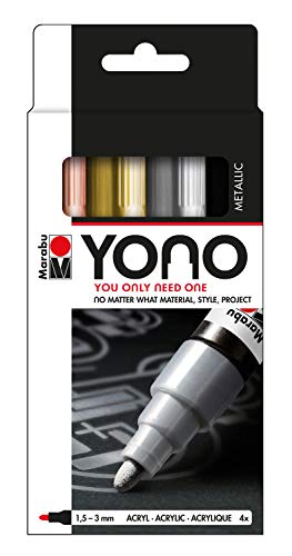 Marabu 1240000004001 - YONO Marker Set Metall mit 4 Farben, vielseitige Acrylstifte mit japanischer Rundspitze 1,5 - 3 mm, wasserbasiert, lichtecht und wasserfest, für nahezu alle Untergründe von Marabu