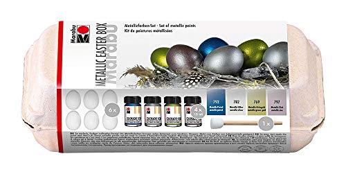 Marabu 1264000000084 - Metallic Easter Box, Metallicfarben-Set für Ostern zum Auftupfen, 4 x 15 ml Colorado Gold Farbe, 6 Kunststoffeier und ein Schablonierpinsel von Marabu