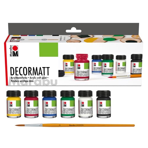 Marabu 1401000000087 - Decormatt Acryl Starterset, samtmatte Acrylfarbe auf Wasserbasis, cremig und farbintensiv, speichelfest, wetterfest, zum freien Malen und Schablonieren, 6 x 15 ml Farbe + Pinsel von Marabu