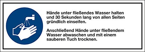 Anleitung Hände waschen, Kombischild, Selbstklebende Folie, 140 x 50 mm, Gebotszeichen, Aufkleber, Infektionsprävention von Marahrens