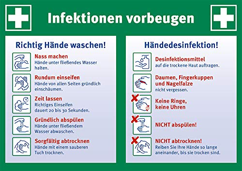 Aushang Infektionen vorbeugen – Anleitung Händewaschen & Händedesinfektion, Aufkleber DIN A4 (297 x 210 mm), selbstklebende PVC-Folie von Marahrens