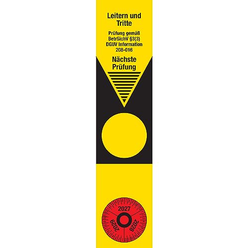 Grundplakette Leitern und Tritte - Prüfung gemäß BetrSichV §3 (3) DGUV Information 208-016 - inkl. Prüfplakette, Monate: 1-12, Jahre: 2027-2029, Folie (0,1 mm), gelb/rot, 50 x 220 mm von Marahrens