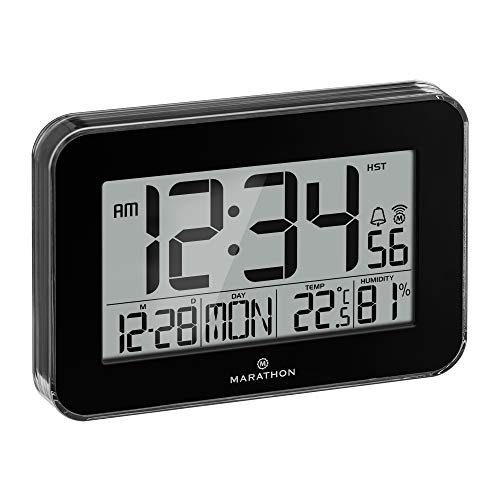 Marathon Designer Atom-Wanduhr | Digitale Wanduhr mit Innentemperatur, Luftfeuchtigkeit & Alarm | 12/24 Std. | Polierte Acryl-Lünette | Kristallrahmen von Marathon