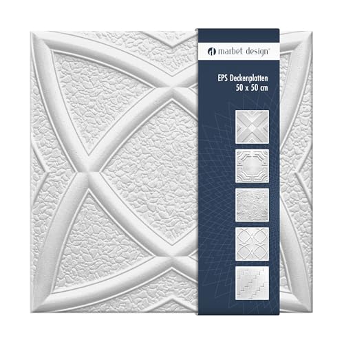 Deckenplatten aus Styropor EPS - Deckenpaneele leicht & robust im modernen Design - (2QM Sparpaket Mars 50x50cm) Verkleidung Deckenplatten Decke weiß von Marbet Design