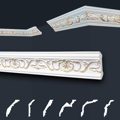 Marbet Design Deckenleisten gold Sparpaket aus Styropor EPS - Stuckleisten gemustert, im traditionellen Design - (2 Meter B-06 G) Zierleiste Eckleiste Eckprofile Stuck von Marbet Design
