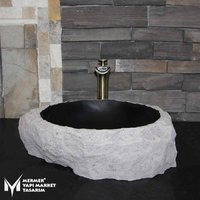 Basalt Schwarz Runde Formlose Sprengwaschbecken - Handarbeit, 100% Naturstein, Waschbecken von MarbleDesignMarket