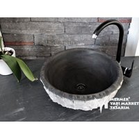 Basalt Schwarzes Spaltgesicht Außenschale Waschbecken - Handarbeit, %100 Naturstein von MarbleDesignMarket