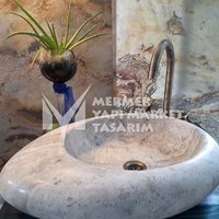 Silber Travertin Eiförmiges Waschbecken - Handarbeit, 100% Naturstein von MarbleDesignMarket