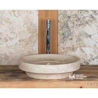 Travertin Hidden Drain Runde Spüle - Handgefertigt, 100% Naturstein, Waschbecken von MarbleDesignMarket