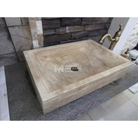 Travertin Tiefbogen Modell Rechteckiges Waschbecken - Handarbeit, 100% Naturstein von MarbleDesignMarket