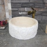 Travertin Vertikal Split Face Mini Zylinder Waschbecken - Handgefertigt, 100% Naturstein von MarbleDesignMarket