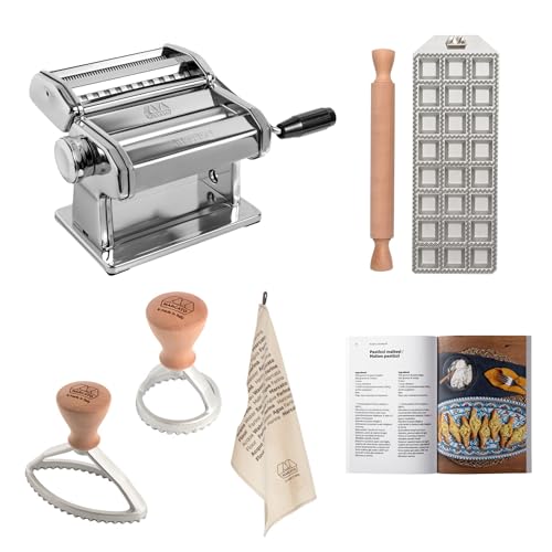 Nudel- und Ravioli-Vorbereitungsset, Atlas 150 Nudelmaschine + Stempel für 24 quadratische Ravioli (35 mm) + Nudelholz + runder Stempel + ovaler Stempel + Geschirrtuch + Rezeptbuch von MARCATO