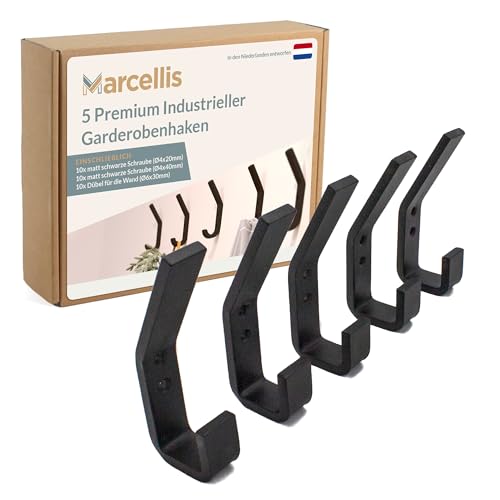 Marcellis Premium Haken, Matt Schwarz, 5x Industrielle Haken (80 kg Tragkraft) - Für einfache Handhabung entworfen mit hochwertiger Verarbeitung und Montagematerial - 11x2x4,2 cm (HxWxD) von Marcellis
