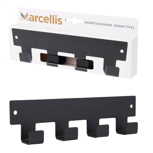 Marcellis Premium Garderobenhaken, Matt Schwarz, 4 Haken - Wandhakenleiste ideal als Handtuchhalter oder Hakenleiste - Hochwertige Verarbeitung und Befestigungsmaterial - 5,2x20x2,4 cm (HxWxD) von Marcellis