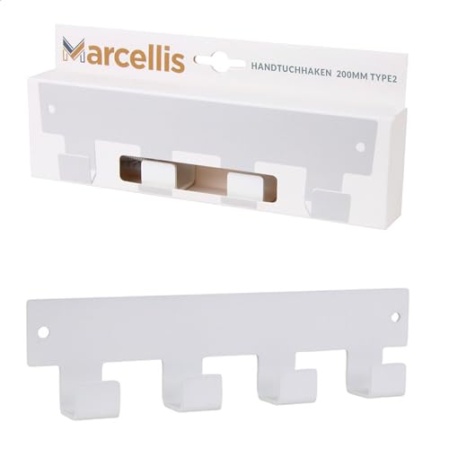 Marcellis Premium Garderobenhaken, Matt Weiß, 4 Haken - Wandhakenleiste ideal als Handtuchhalter oder Hakenleiste - Hochwertige Verarbeitung und Befestigungsmaterial - 5,2x20x2,4 cm (HxWxD) von Marcellis