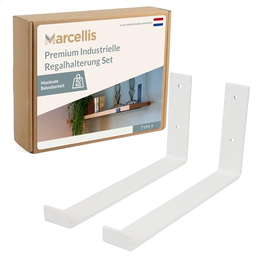 Marcellis Premium Regalhalterung XL für 30 cm breite Bretter, Matt Weiß, 2x Industrielle Regalhalterungen (40 kg Tragkraft) - Hochwertige Verarbeitung und Montagematerial - 15x4x30,2 cm (HxWxD) von Marcellis