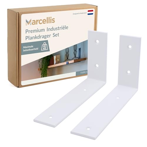 Marcellis Premium Regalhalterung für 15-20 cm breite Bretter, Matt Weiß, 2x Industrielle Regalhalterungen (40 kg Tragkraft) - Hochwertige Verarbeitung und Montagematerial - 10,5x4x14,5 cm (HxWxD) von Marcellis