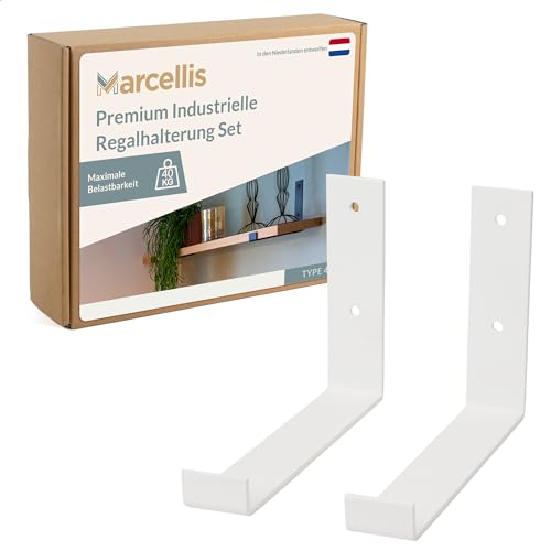 Marcellis Premium Regalhalterung für 15cm Breite Bretter - Set von 2 Heavy-Duty Regalwinkeln bis 40kg Belastbar - Hochwertige Verarbeitung und Befestigungsmaterial - 120x40x202 mm (HxBxD) - Weiß von Marcellis