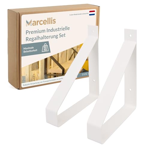 Marcellis Premium Regalhalterung für 20cm Breite Bretter - Set von 2 Hochbelastbaren Regalwinkeln (80kg Traglast) - Hochwertige Verarbeitung und Befestigungsmaterial - 250x40x202 mm (HxBxD) - Weiß von Marcellis