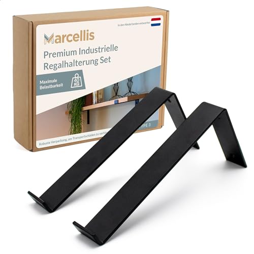 Marcellis Premium Regalhalterung für 25 cm breite Bretter, Matt Schwarz, 2x Industrielle Regalhalterungen (40 kg Tragkraft) - Hochwertige Verarbeitung und Montagematerial - 15x4x25,2 cm (HxWxD) von Marcellis