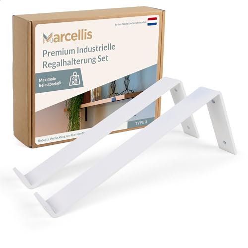 Marcellis Premium Regalhalterung für 30cm Breite Bretter - Set von 2 Hochbelastbaren Regalwinkeln - inkl. Befestigungsmaterial + Schraubeinsatz - Typ 3 - stahl - weiß von Marcellis