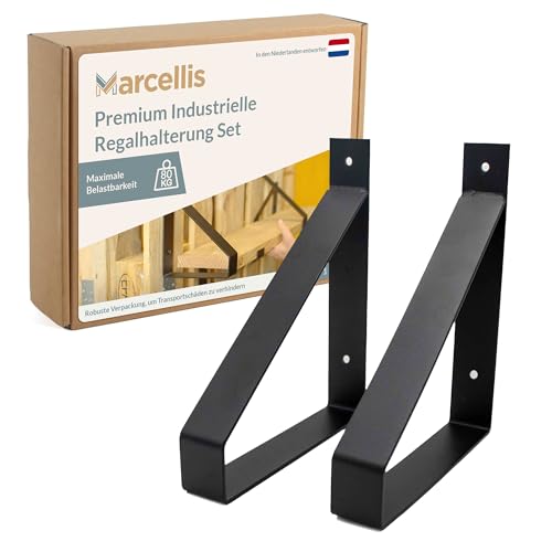 Marcellis Premium Regalhalterung für 20cm Breite Bretter - Set von 2 Hochbelastbaren Regalwinkeln (80kg Traglast) - Hochwertige Verarbeitung und Befestigungsmaterial - 250x40x202 mm (HxBxD) von Marcellis