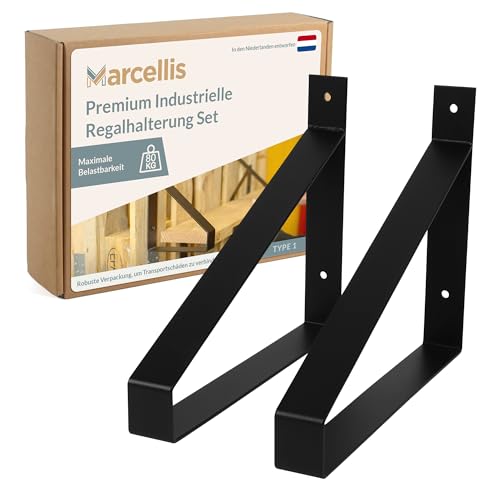 Marcellis Premium Regalhalterung XL für 30 cm breite Bretter, Matt Schwarz, 2x Industrielle Regalhalterungen (80 kg Tragkraft) - Hochwertige Verarbeitung und Montagematerial - 25x4x30,2 cm (HxWxD) von Marcellis