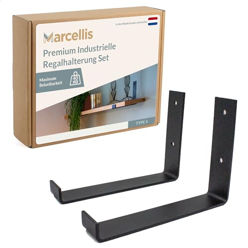 Marcellis Premium Regalhalterung für 20 cm breite Bretter, Matt Schwarz, 2x Industrielle Regalhalterungen (40 kg Tragkraft) - Hochwertige Verarbeitung und Montagematerial - 15x4x20,2 cm (HxWxD) von Marcellis