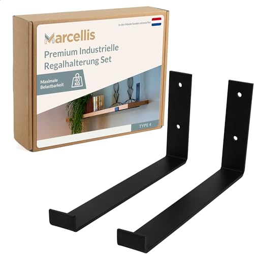 Marcellis Premium Regalhalterung XL für 30 cm breite Bretter, Matt Schwarz, 2x Industrielle Regalhalterungen (40 kg Tragkraft) - Hochwertige Verarbeitung und Montagematerial - 15x4x30,2 cm (HxWxD) von Marcellis