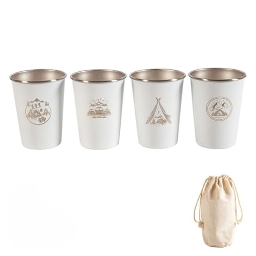 350 ml Edelstahl-Kaffeetassen-Set 4 Stück für Outdoor Camping Wandern Leicht Stapelbar 304 Edelstahl mit Aufbewahrungstasche (350 ml Weiß) von Marchfunny