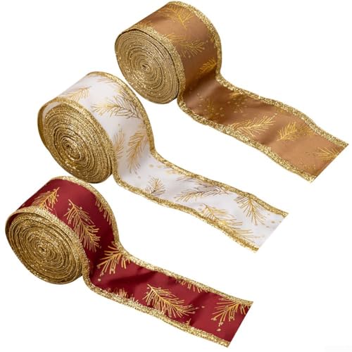 Marchfunny Drahtband-Set mit Stoffband und Drahtrand mit goldfarbenem Kiefernnadelmuster zum Verpacken, Girlanden, Kränze und Weihnachtsbasteln, 3 Rollen von Marchfunny