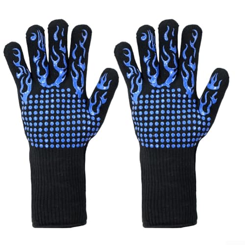 Marchfunny Hitzebeständige Grillhandschuhe mit langem Stulpenschutz, Silikon-Griff-Beschichtung und atmungsaktivem Baumwollfutter, geeignet für Innen- und Außenbereich (blau) von Marchfunny