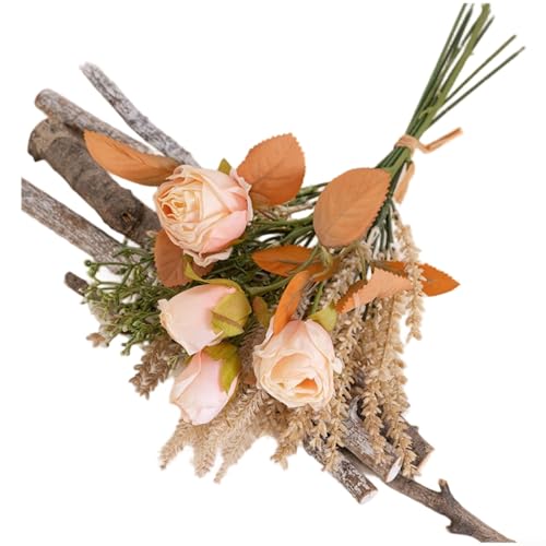 Marchfunny Künstlicher Rosenstrauß aus Stoff mit gebrannten Rosen für Hochzeit und Heimdekoration, mit realistischem Blumenarrangement (Aprikose) von Marchfunny