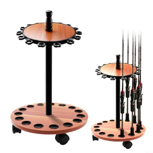 Marchfunny Rutenhalter, 15 Rutenhalter, Bodenständer mit Rollsockel, Holz, Angelruten-Organizer, Display mit Bremssystem, Schwarz / Braun (mit Riemenscheiben) von Marchfunny