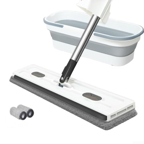 Reinigungsmopp mit 360 Grad drehbarem Flachkopf und verstellbarem Griff, geeignet für Fliesen, Hartholzböden und Fensteroberflächen (weiß faltbar) von Marchfunny