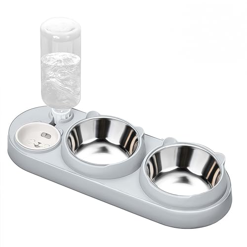 Marchul 3 in 1 Katzennapf, Katzenfutter und Wassernapf Set mit Wasserspender und Edelstahlnäpfen, 15° geneigte Haustier Erhöhte Drei Schalen für Indoor-Katzen, kleine oder mittelgroße Hunde von Marchul