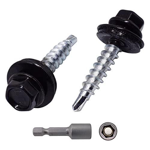 150 Stück Metall-Dachschrauben 4,8x25mm, lackierte selbstbohrende Schrauben mit EPDM-Unterlegscheiben, Sechskantschraube aus Blech (150, Tiefschwarz RAL 9005) von Marcopol
