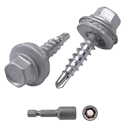 (150 Stück) Metall-Dachschrauben 4,8 x 25 mm lackierte selbstbohrende Schrauben mit EPDM-Unterlegscheiben, Blech-Sechskantschraube (150, weißes Aluminium RAL 9006) von Marcopol