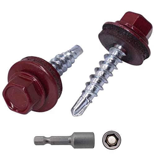 (Packung mit 250 Stück) Metall-Dachschrauben, 4,8 x 25 mm lackierte, selbstbohrende Schrauben mit EPDM-Unterlegscheiben, Blech-Sechskantschraube (250, weinrot RAL 3005) von Marcopol