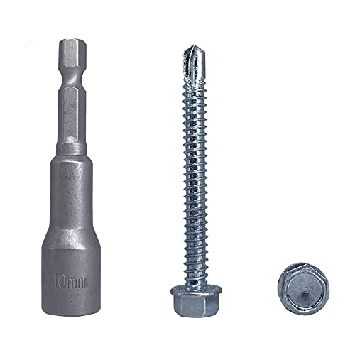 Marcopol 100 Stück DIN 7504 K Stahl verzinkt 6,3 x 63 mm Schrauben selbstbohrende Blechschraube Sechskant Unterlegscheibe Kopf selbstschneidend (100, 6,3 x 63 mm), silber von Marcopol