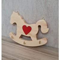 Kindergarderobe Mit 3 Kleiderhaken Children Wardrobe With Three Coat Hook Schaukelpferd Rocking Horse Geschenk Gift Holz Wood Kinderzimmer von MarcosHolzwelt