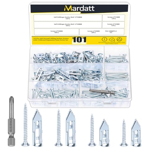 Mardatt 100 Set Self Drilling Drywall Anchors with Screws KitSelbstbohrer Trockenwand Anker Schraube, 12x30mm 12x40mm verzinkter Stahl Wandanker Selbst-Tapping Schraube Einfache Anwendung Kein Bohrer von Mardatt