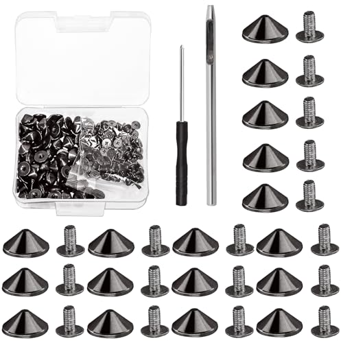 Mardatt 100 Sets 10mm Gun Color Cone Spikes and Studs with Hole Puncher and Screwdriver, 4.7mm Height Bullet Spike Cone Studs Screw Back Punk Studs and Spikes for DIY Leather Craft von Mardatt