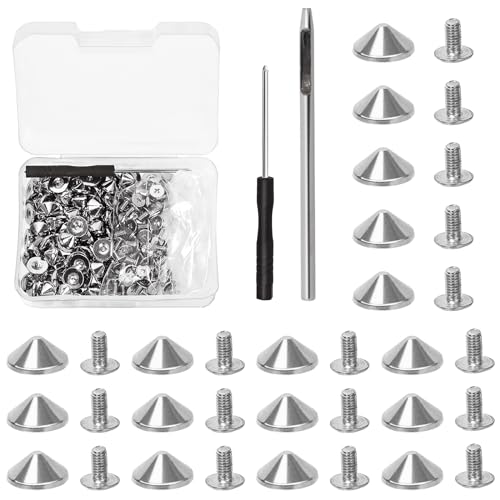 Mardatt 100 Sets 10mmSilver Cone Spikes and Studs with Hole Puncher and Screwdriver, 4.7mm Height Bullet Spike Cone Studs Screw Back Punk Studs and Spikes for DIY Leather Craft von Mardatt