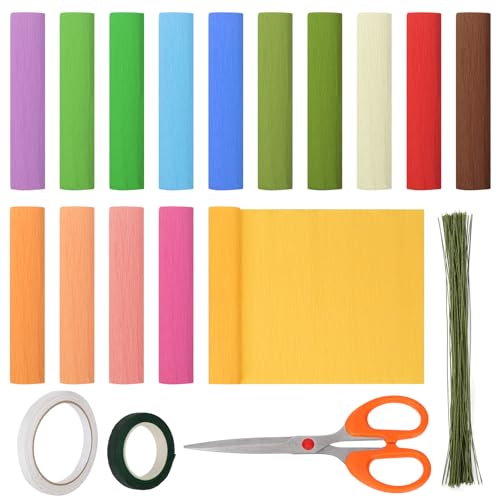 Mardatt 118 Stück Crepe Papier Blume DIY-Kits, 15 Rollen 10 x 98 Zoll Crepe Papier Blätter mit 100pcs Floral Draht Stamm, Doppelseitiges Band, Blumenband, Schere, 15 Farben von Mardatt